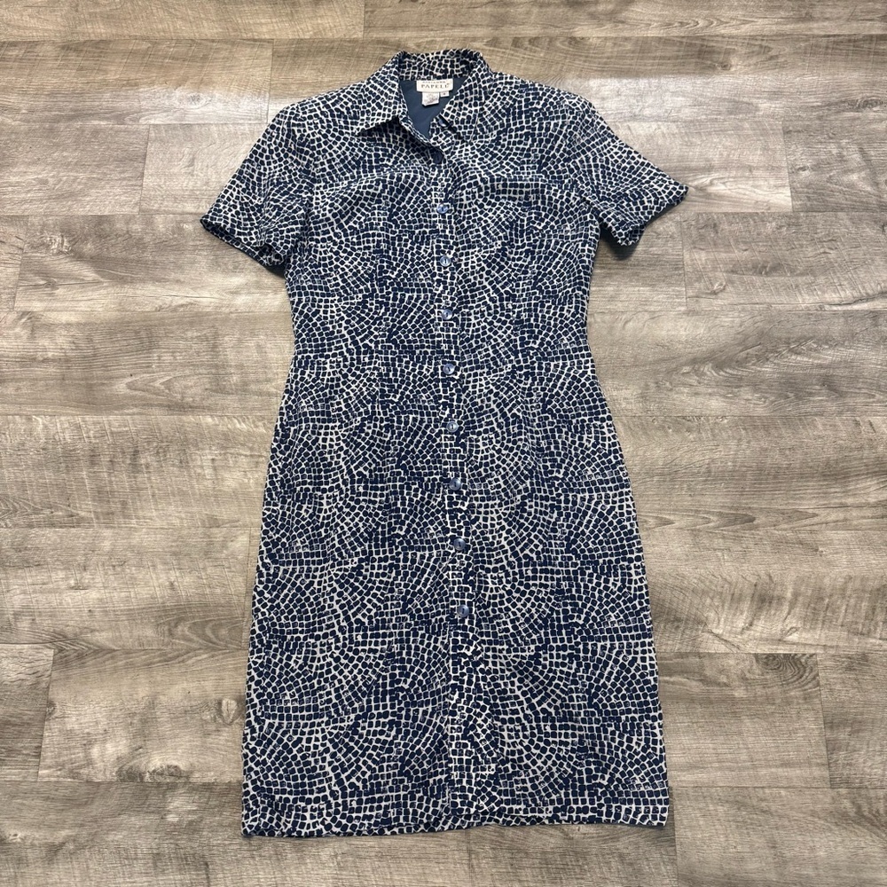 Adrianna Papell 100% Silk Navy Blue Print  Short Sleeve Button Down Dress Sz. 6